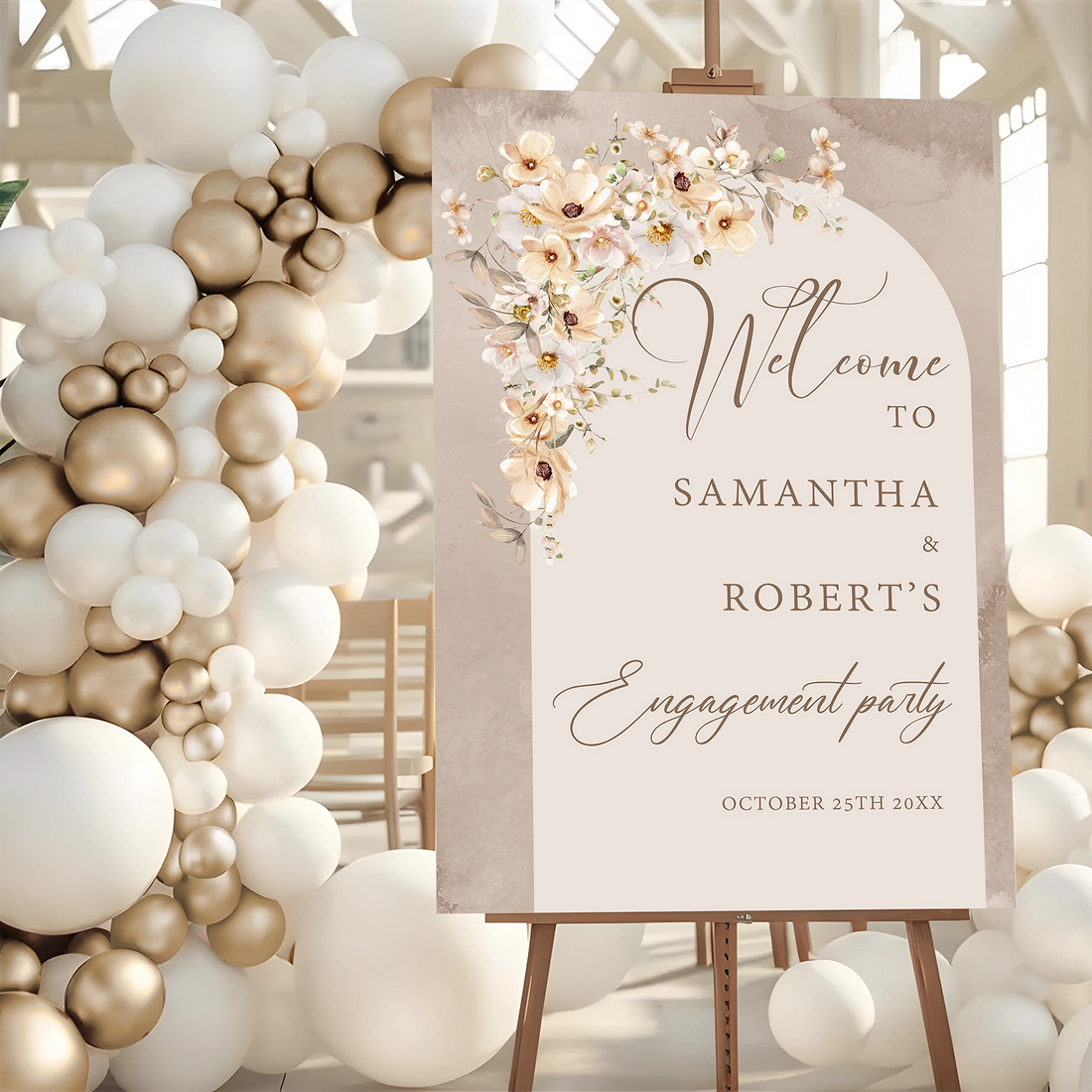 Boho arch engagement party sign