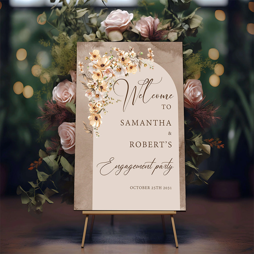 Boho arch engagement party sign