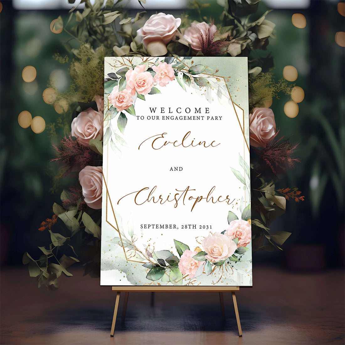 Boho blush floral engagement sign