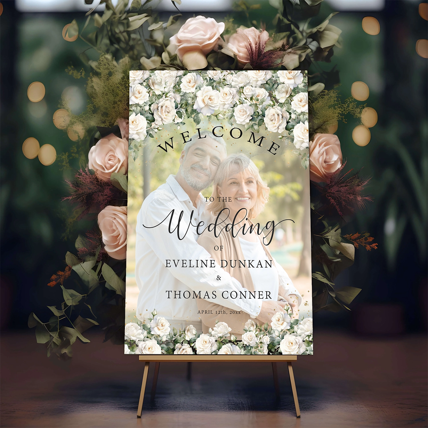 White Rose Welcome Wedding Sign