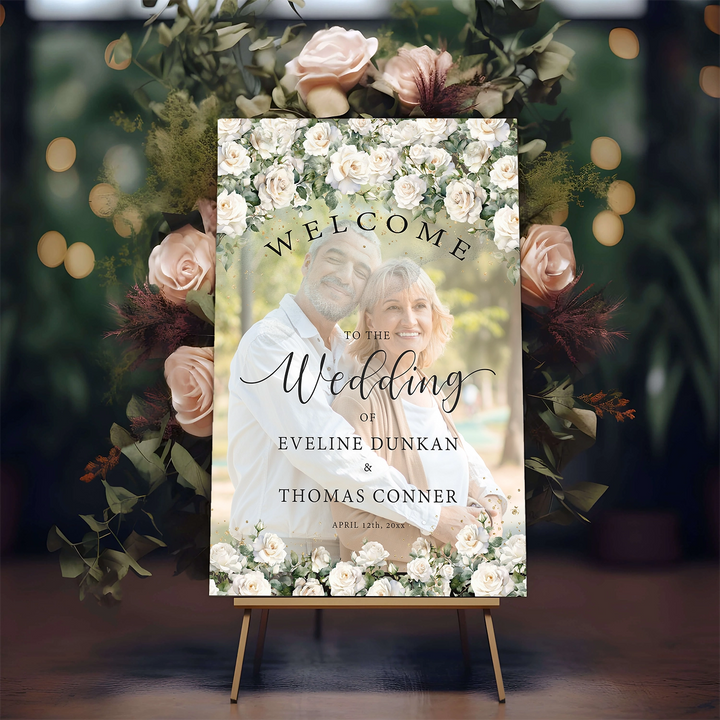 White Rose Welcome Wedding Sign