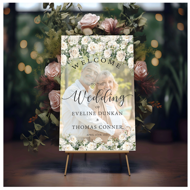 White Rose Welcome Wedding Sign